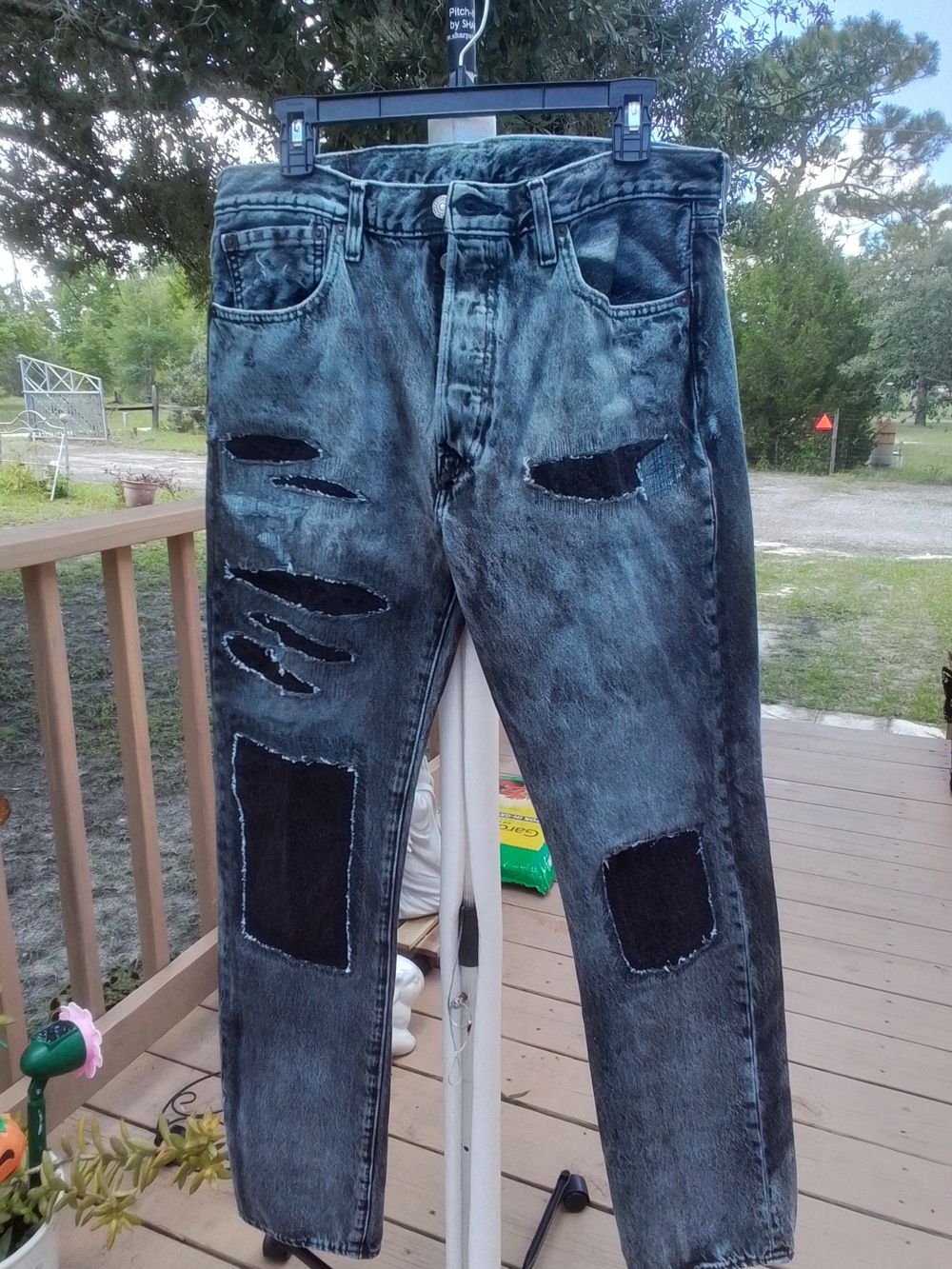 Levi's 501 Blue Black Destress Patchwork Straight Jeans 33 × 32